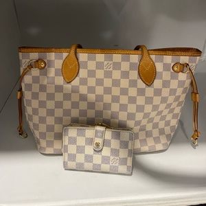 Cream Check Canvas Tote with Tan Leather Trim